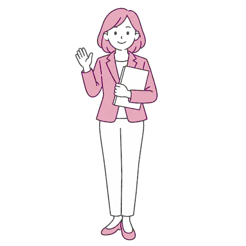 ファイルを抱えて、手を上げて挨拶する女性の行政書士