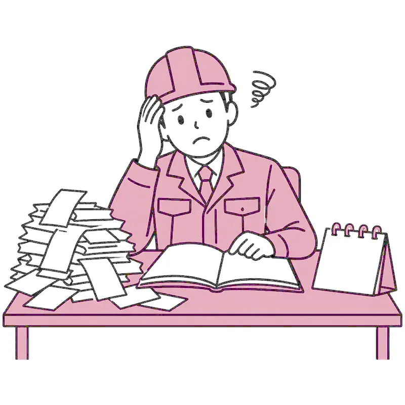 領収書の山とカレンダーを前に、頭を抱える建設会社の社長さん